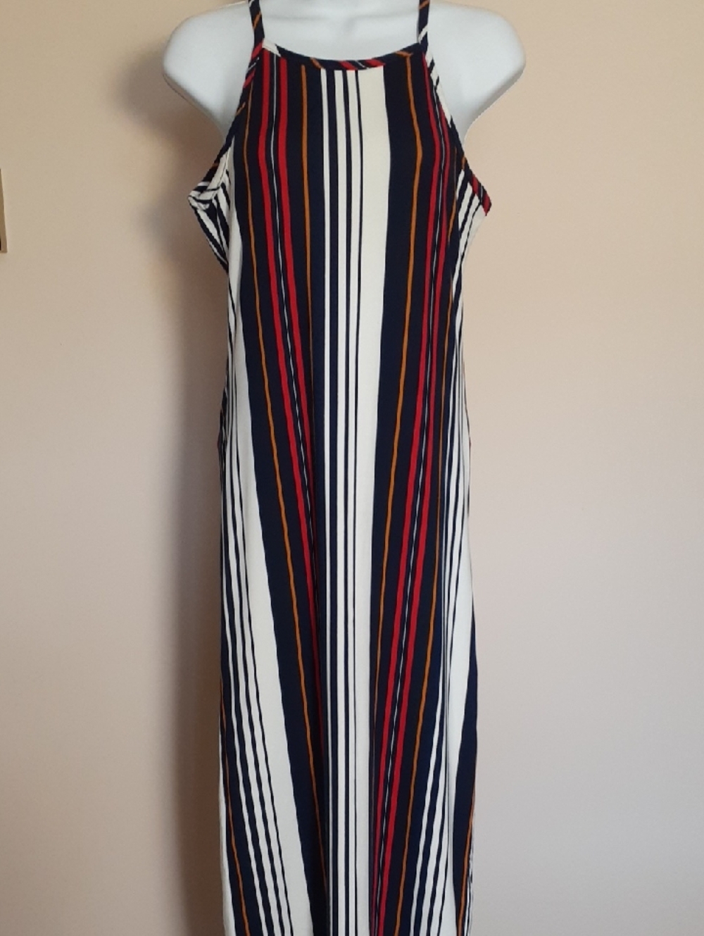Discreet Striped Maxi Dress in Navy, White, Red & Mustard - Sz M
